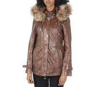 Infinity Leather Women's Leather Parka Coat 3/4 Removable Hood Fur Button Cover Zipped - Timber - UK 16
