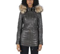 Infinity Leather Women's Leather Parka Jacket 3/4 Fur Hood Zipped Brown Tan Grey - Brown - UK 18