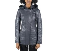 Infinity Leather Women's Leather Parka Jacket 3/4 Fur Hood Zipped Brown Tan Grey - Grey - UK 20