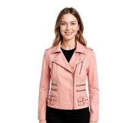Infinity Leather Women's Leather Teal Brando Biker Jacket-Constantia in Baby Pink | Size: 16 Infinity Leather Baby Pink 16