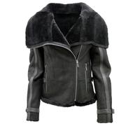 Women's Short Black Merino Sheepskin Aviator Leather Jacket