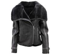 Women's Short Black Merino Sheepskin Aviator Leather Jacket
