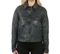 Infinity Leather Women's Retro Classic Collar Biker Leather Jacket - Navy - UK 16