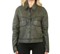 Infinity Leather Women's Retro Classic Collar Biker Leather Jacket - Olive - UK 24