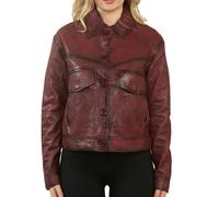 Infinity Leather Women's Retro Classic Collar Biker Leather Jacket - Red - UK 22