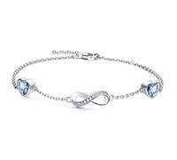 Infinity March Birthstone Bracelet 925 Sterling Silver - Rings Aquamarine Infinity Bracelets with 2 Light Blue Heart Cubic Zirconia Charms Valentine's Day Birthday Birthstone Jewellery Gift for Sister