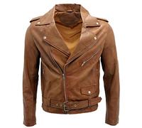 Infinity Men’s Retro Brando Casual Tan Leather Biker Jacket 4XL