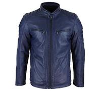 Infinity Mens Real Leather Jacket Tailored Fit Biker Zipped Smart Casual Retro Vintage - Navy Blue xs