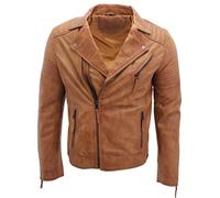 Infinity Men's Tan Slim Fit Cross Zip Vintage Brando Leather Biker Jacket 2XL
