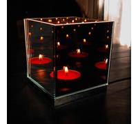 Infinity Mirror Tea Light Candle Holder 1 Slot with Electric Flameless Compatible Design - Glass Reflective Centerpiece with Wooden Base for Events & Weddings - Decorative Votive Light Box