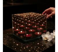 Infinity Mirror Tea Light Candle Holder Slot with Electric Flameless Compatible Design - Glass Reflective Centerpiece with Wooden Base for Events & Weddings - Decorative Votive Light Box (4)