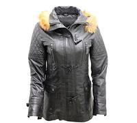 Infinity Women’s Detachable Hood Quilted Navy Blue Leather Parka Jacket 8