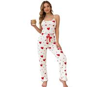 InfiniZer 2 Pieces Pyjamas For Women Cute Heart Printed Womens Pyjamas Set Sleeveless Cami Top & Long Pants Soft Comfortable Ladies Lounge Wear Sets (UK, Alpha, XXL, Regular, Regular, White + Red)