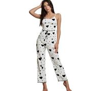 InfiniZer 2 Pieces Pyjamas For Women Cute Heart Printed Womens Pyjamas Set Sleeveless Cami Top & Long Pants Soft Comfortable Ladies Lounge Wear Sets (UK, Alpha, XL, Regular, Regular, Black + White)