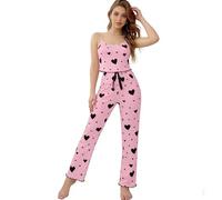 InfiniZer 2 Pieces Pyjamas For Women Cute Heart Printed Womens Pyjamas Set Sleeveless Cami Top & Long Pants Soft Comfortable Ladies Lounge Wear Sets (UK, Alpha, XL, Regular, Regular, Pink + Black)