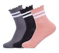 InfiniZer 3 Pairs Grip Socks Pilates Non Slip Socks For Women Reformer Pilates Socks With Ruffle Design For Yoga Dance Hospital Home (3, Black, Grey, Pink)