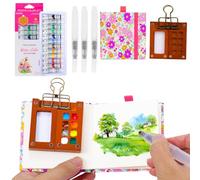 InfiniZer 5 Pcs Portable Mini Watercolour Paint Set, 8 Grids Wood Pocket mini watercolour set, Wooden Palette, Sketchbook Brush Watercolour for Painters、Artists and Student(12 Colors) (Pink)