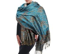 InfiniZer Women Pashmina Shawls and Wraps Scarf,Cashew Flower Big Scarf with Fringe for Evening Dresses Festivals & Daily Wear (Blue)