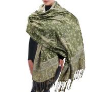 InfiniZer Women Pashmina Shawls and Wraps Scarf,Cashew Flower Big Scarf with Fringe for Evening Dresses Festivals & Daily Wear (GreenBeige)