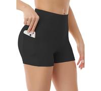 InfiniZer Women's High Waisted Hot Pants with Pockets, Stretchy Mini Shorts for Yoga Gym Cycling Sports Running Workout (UK, Alpha, XXL, Regular, Regular, Black)