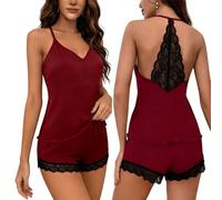 InfiniZer Womens Pyjama Sets Sexy Satin Silk Pyjamas for Women 2-Piece Nightwear Rouge Red Ladies Lace Trim Halter Top and Lace Shorts Sleepwear (UK, Alpha, S, Regular, Regular, Red)