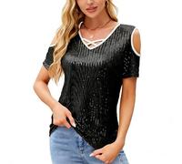 InfiniZer Women's Sequin Tops for Women UK - Ladies Party Tops with Short Cold Shoulder V-Neck Sparkle Cross Neck Design, Stylish for Prom Club Work Daily (UK, Alpha, XL, Regular, Regular, Black)