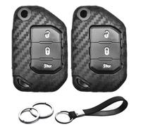 INFIPAR 2pcs Compatible with Jeep Key Fob Cover Case Key Chain fit for Jeep Wrangler JL Gladiator JT Accessories Rubicon Deluxe Sport S Sport Sahara Overland Key Shell Holder Carbon Fiber Black