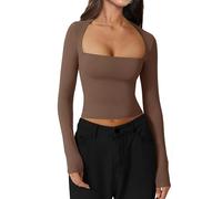 INFITTY Going Out Tops for Women UK Square Neck Long Sleeve Crop Top Solid Color Slim Fit T-Shirt Y2k Streetwear Coffee M