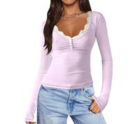 INFITTY Long Sleeve Shirts for Women 2026 Spring Fashion V Neck Basic Tee Shirt Slim Fitted Y2K Tops Outfits Winter Clothes Purple