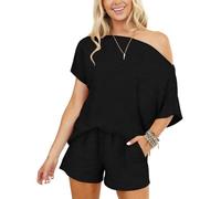 INFITTY Sexy Lounge Sets for Women Summer Short Sleeve Two Piece Sleep Sets Off the Shoulder Cute Pajama Set Black M