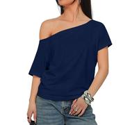INFITTY Tops for Women Off The Shoulder Tops Short Sleeve Plus Size T-Shirts Loose Fit Basic Tee Shirts Navy Blue XL