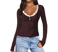 INFITTY V Neck T Shirts Long Sleeve Tops Fall Clothes for Women 2026 Casual Blouse Ribbed Fitted Shirts Basic Tee Shirt Coffee