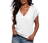 INFITTY White T Shirt Women Short Sleeve V Neck Loose Fit Casual Solid Color Tee Shirts 2026 Trendy White L