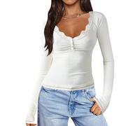 INFITTY Women Long Sleeve Sexy Lace V Neck Shirt Casual Basic Tee Tops for 2026 Spring Fitted Clothes Trendy Everyday Wear White