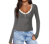 INFITTY Women Long Sleeve V Neck T Shirts Casual Basic Tee Tops for 2026 Spring Fitted Clothes Trendy Everyday Wear Grey