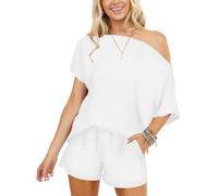 INFITTY Women‘s Sleepwear Lounge Sets Sexy Short Sleeve Off The Shoulder Sleep Set Summer Cute Pajama Sets Short Set White L
