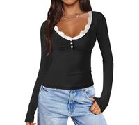 INFITTY Womens 2026 Spring Long Sleeve Shirts Basic Apparel Shirts Trendy Lace V Neck Tshirt for Women Going Out Tops Black