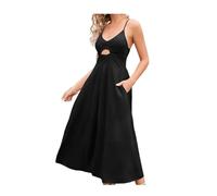 INFJMH Summer Spaghetti Strap Long Dress w/Pocket for WomenV Neck Sexy Hollow Out Hem Slit Dress Casual Sleeveless Party Midi Dress