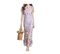 INFJMH Women's 3D Floral Embroidery Long Dress Elegant Short Sleeve Fishtail Lace Bodycon Party Cocktail Dress