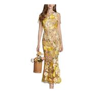 INFJMH Women's 3D Floral Embroidery Long Dress Elegant Short Sleeve Fishtail Lace Bodycon Party Cocktail Dress