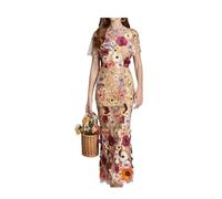 INFJMH Women's 3D Floral Embroidery Long Dress Elegant Short Sleeve Fishtail Lace Bodycon Party Cocktail Dress