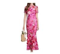 INFJMH Women's 3D Floral Embroidery Long Dress Elegant Short Sleeve Fishtail Lace Bodycon Party Cocktail Dress