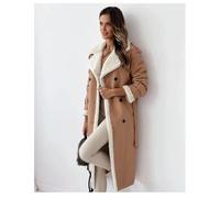 INFJMH Women's Fleece Long Blazer Jacket Winter Notched Lapel Sherpa Lined Trench Coat Faux Leather Outwear with Belt