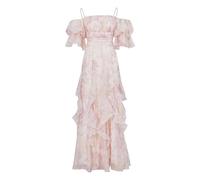 INFJMH Women's Off Shoulder Chiffon Dress Puff Sleeve Spaghetti Strap Floral Ruffles Slim Party Long Dress Pink