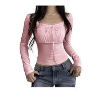 INFJMH Womens Y2k Long Sleeve T Shirts Fairycore Coquette Lace Trim Tie Front Tee Vintage Going Out Tops