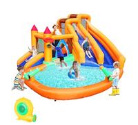 Inflatable Bounce House, Triple Water Slide for Kids with Double Cannon, Climbing Wall, Jumping, Splash Pool, Basketball Hoop for Outdoor Backyard Party, 10 in 1 Giant Castle Included 550W Air Blower