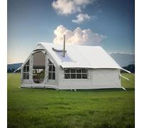 Inflatable Camping Tent 6-8 Person with Stove Jack & Pump | 4-season inflatable cabin tent with 10㎡ floor, TPU air beams, and chimney opening for stove use in cold weather.
