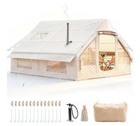 Inflatable Camping Tent with Pump, 420D Oxford Glamping Inflatable Tent for Camping with Fireplace Opening & Skylight, 4 Season Anti-UV Cabin Tent with Mesh Windows & Doors for 7-12 People