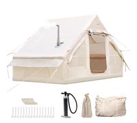 Inflatable Camping Tent with Pump, Glamping Inflatable Sport Tent for Camping, 4 Season Windproof Outdoor Oxford Blow Up Cabin Tent with Mesh Windows & Doors for Camping (2-4 People With Chimney Hood)