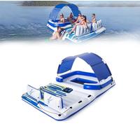 Inflatable Floating Island Raft Lounge for 6 People with Cup Holders and Backrests - Large Party Water Float Lounger